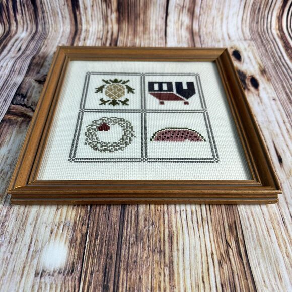 Vintage Cross Stitch Pineapple House Watermelon Heart Wreath Framed Finished 9x9 - Picture 4 of 11